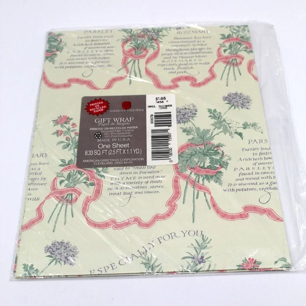 Vintage Wrapping Paper Bridal Shower Herbs American Greetings 1 Sheet Gift Wrap